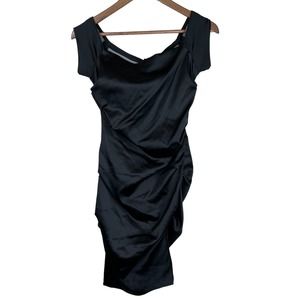 Vintage Betsey & Adam Cocktail Dress Size 10 Black Off Shoulder Ruched Satin USA